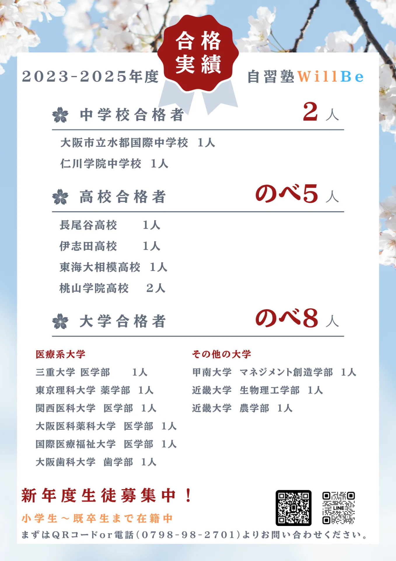 【2023-2025年度合格実績】夢や目標をあきらめない。元中学高校教員で私立学校の放課後校内塾を経営する西宮・今津の習いごと教室＆自習塾WillBe